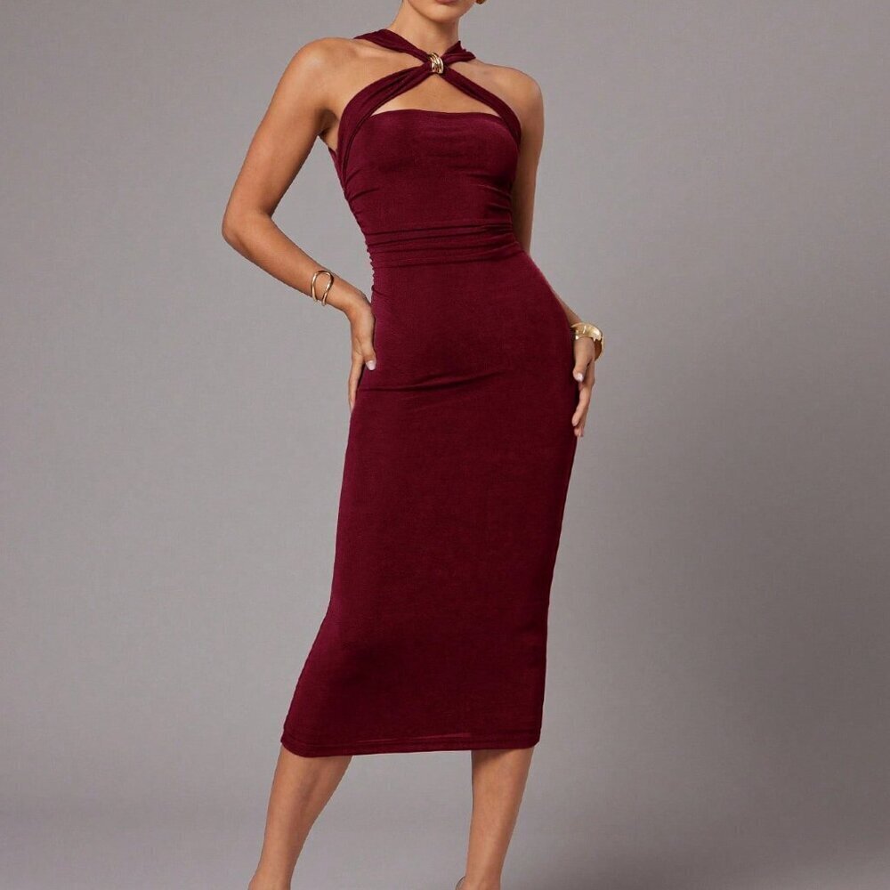 Burgundy Elegant Women's Fitted MidiDress